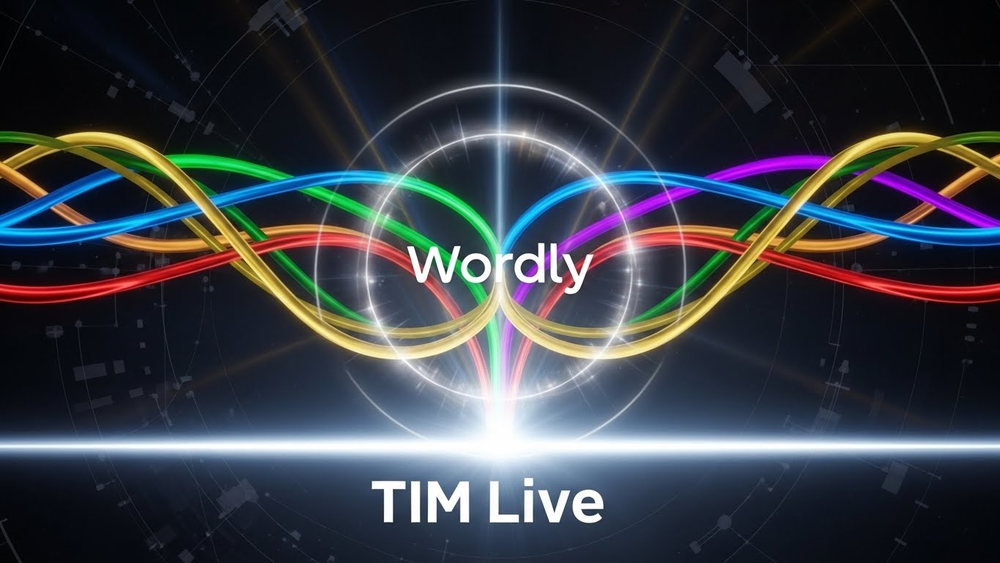 Representação digital abstrata com a palavra "Wordly" no centro de um globo de luz, conectada a ondas coloridas e ao texto "Tim Live" na base.