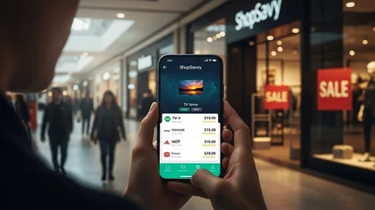 App ShopSavvy comparando preços de TV em um shopping.