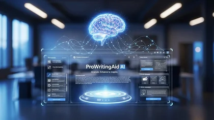 Interface ProWritingAid AI com cérebro digital holográfico.