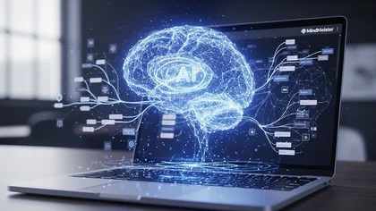 Laptop exibe mapa mental com cérebro digital da MindMeister.