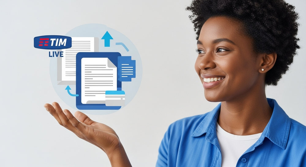 Mulher mostra ícones de documentos digitais e TIM Live.