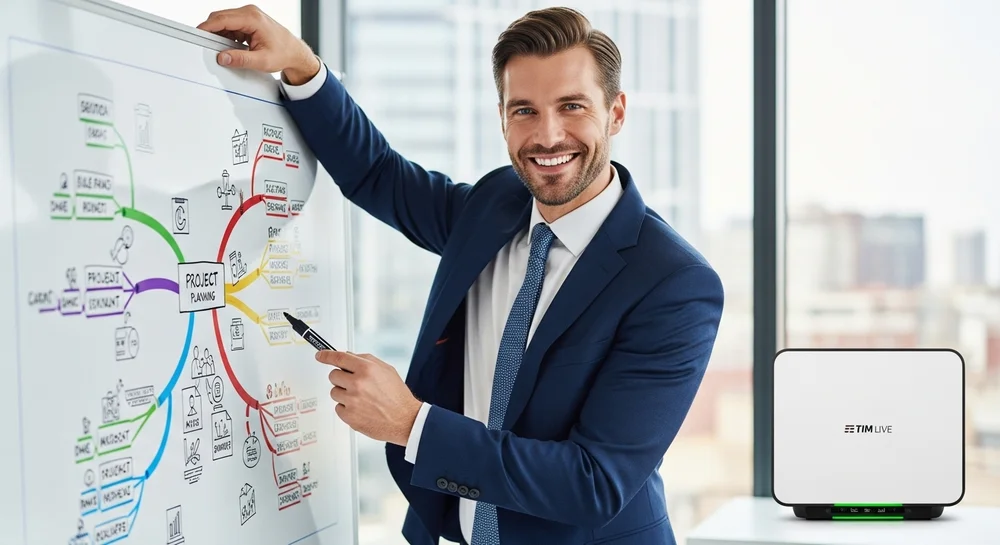 Executivo sorridente aponta para lousa com modem TIM Live ao lado.