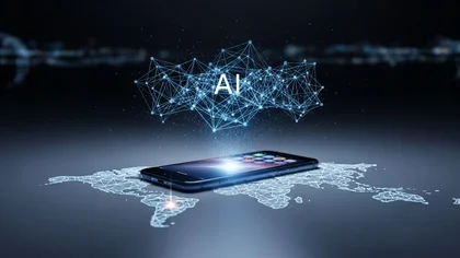 Smartphone sobre mapa-múndi digital com rede de IA flutuante.