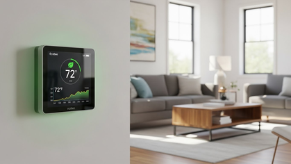 Painel Ecobee na parede com família reunida na sala ao fundo.