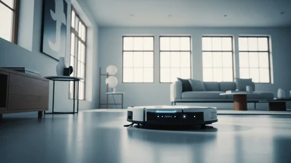 Robô aspirador branco limpando sala de estar moderna e clara.