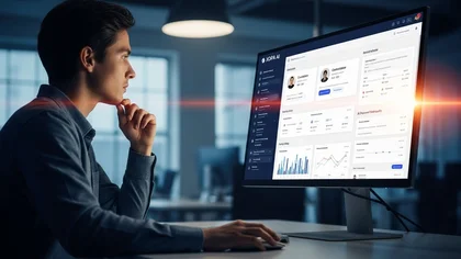 Homem analisa dashboard da XOPA AI em monitor de alta resolução.