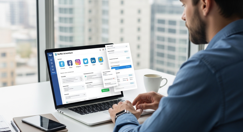 Homem usa notebook com assistente de IA do Buffer.