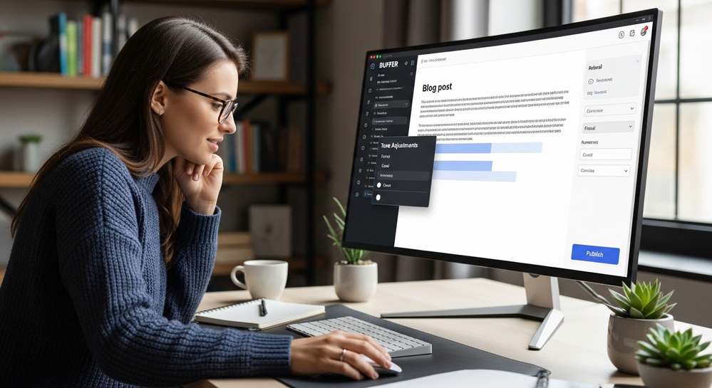 Mulher ajusta tom de voz de post no Buffer.
