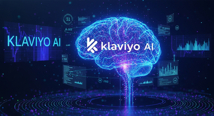 Ilustração de cérebro digital com logo Klaviyo AI.