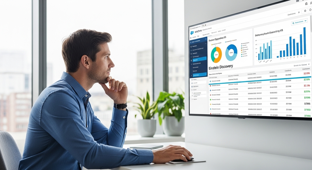 Homem analisa dados no Salesforce Einstein Discovery.