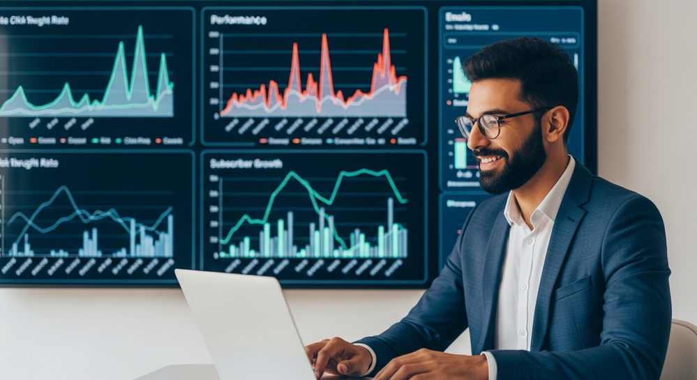 Homem analisa dashboards com gráficos de performance.