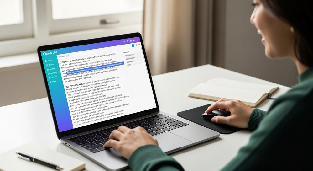 Mulher editando texto em documento no Canva Doc.