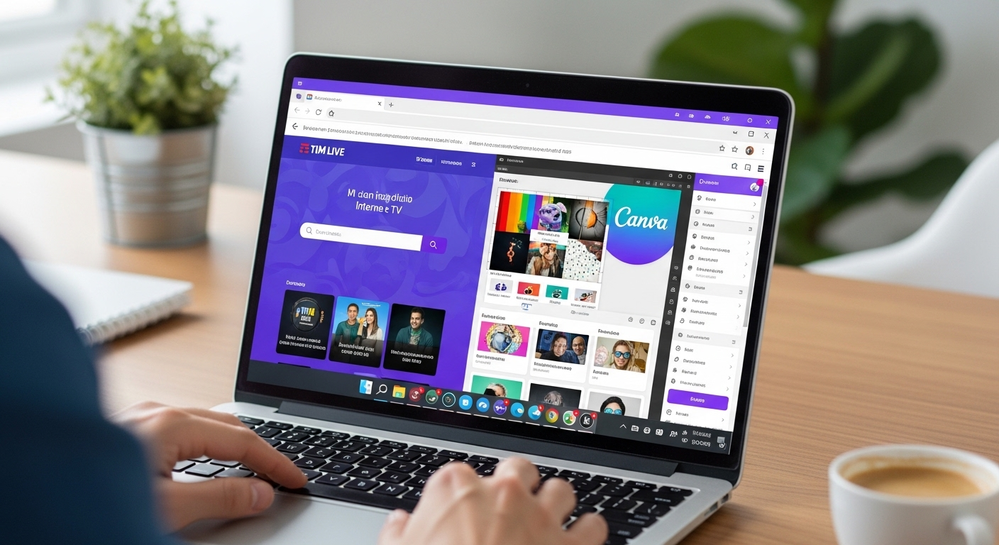 Laptop exibe integração entre site da TIM e editor Canva.