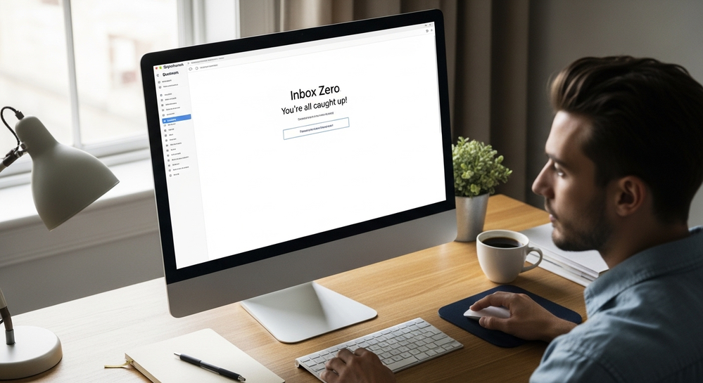 Homem sorri ao atingir Inbox Zero no Superhuman.