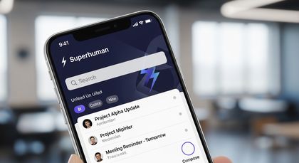 Celular exibe lista de mensagens e busca do Superhuman.