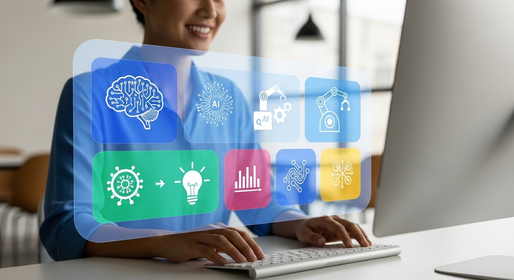 Mulher usa computador com ícones flutuantes de IA.
