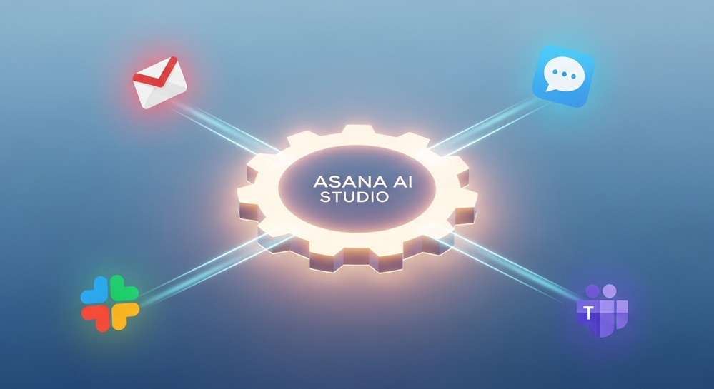 Engrenagem Asana AI Studio conectando apps de trabalho.