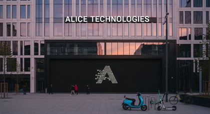 Fachada moderna do prédio da Alice Technologies ao pôr do sol.