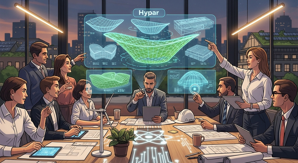 Equipe em reunião projeta maquetes 3D com IA da Hypar.