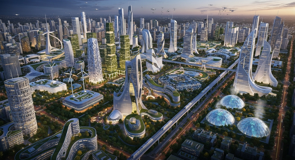 Vista aérea de metrópole futurista com prédios orgânicos.