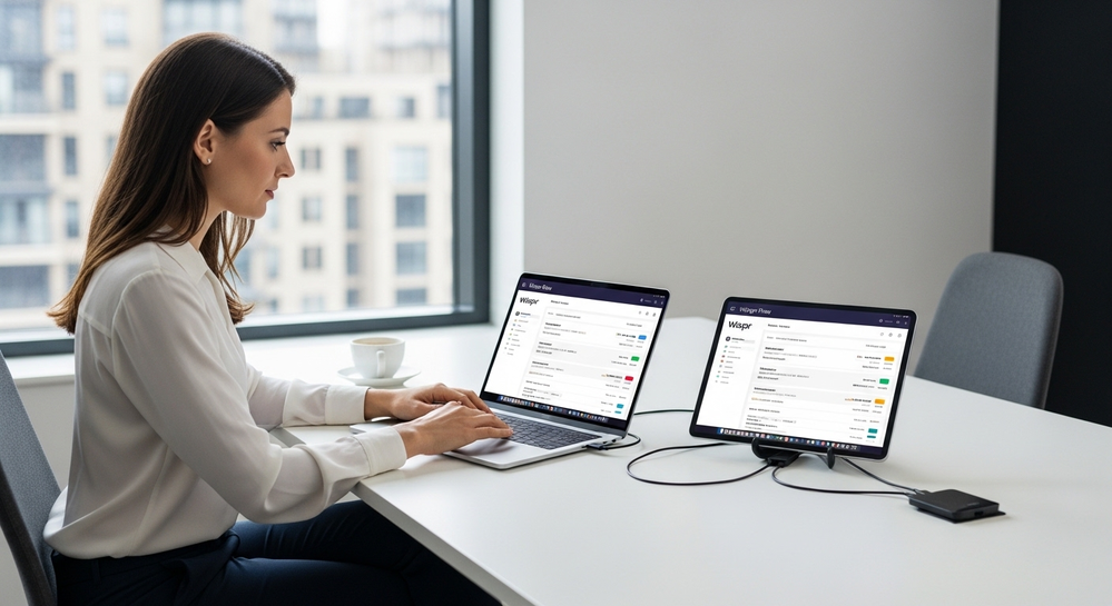 Mulher utiliza software Wispr Flow em laptop e tablet.