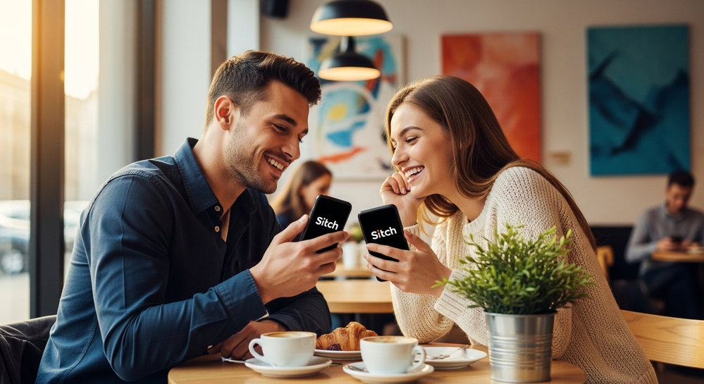 Casal sorri usando o app Sitch em um café.