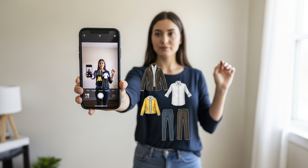 Mulher testa roupas virtuais com app de realidade aumentada.
