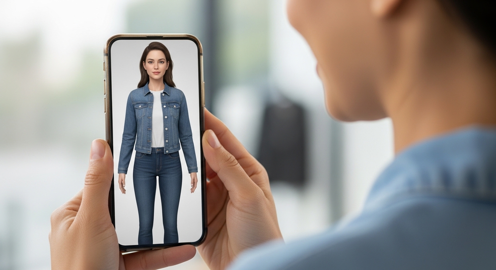 Smartphone exibe avatar 3D com jaqueta jeans e calça.