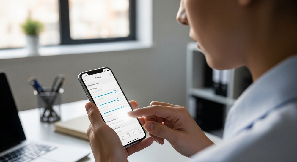 Pessoa ajusta níveis de áudio em app no smartphone.