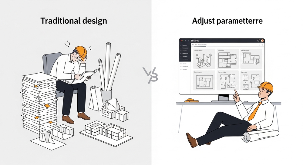 Desenho compara design tradicional com o software TestFit.