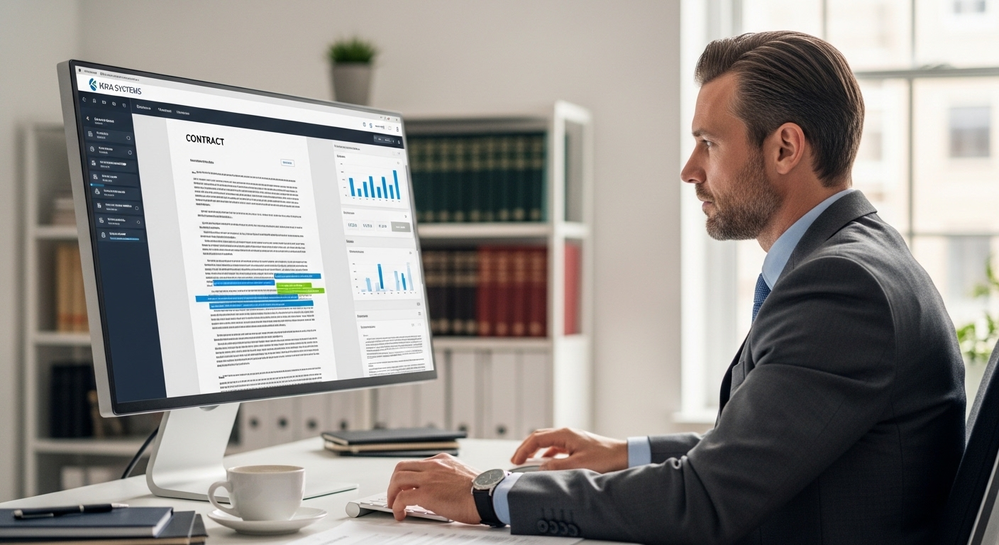 Homem analisa contrato e gráficos no sistema KRA.