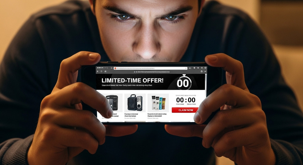 Homem vê oferta com cronômetro de tempo no celular.