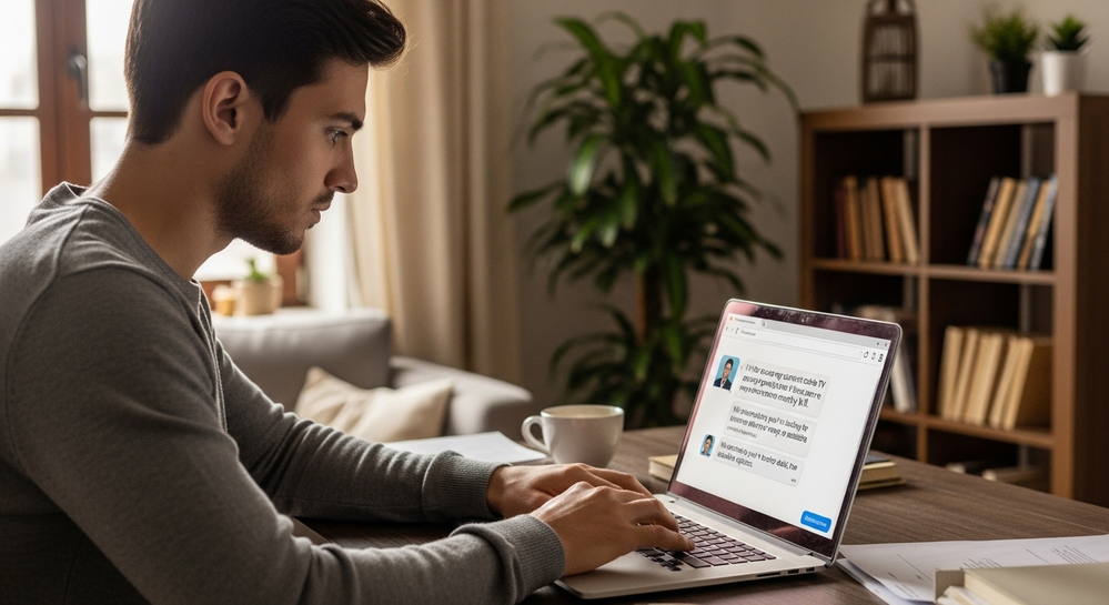 Homem usa notebook para falar com atendente via chat.