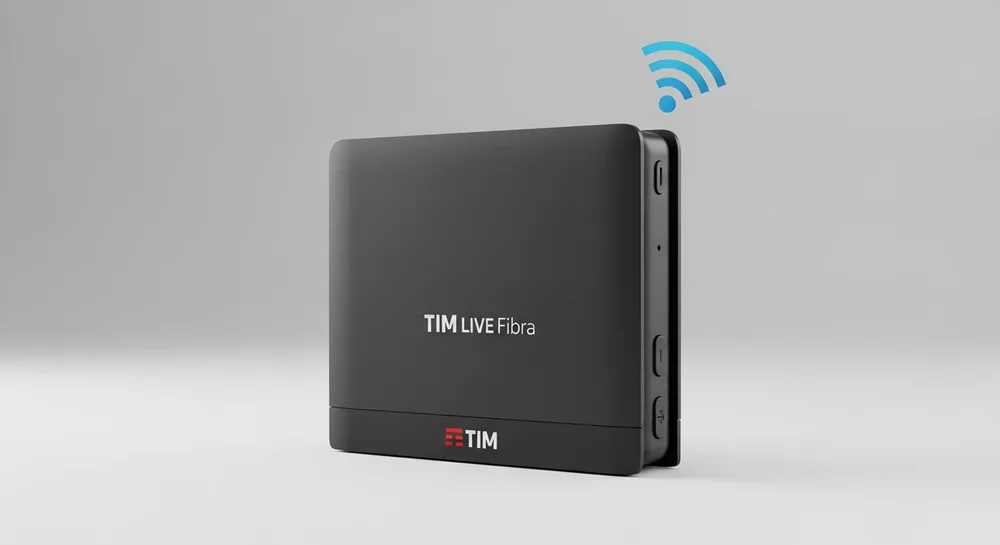 Modem preto TIM LIVE Fibra com ícone de Wi-Fi azul.