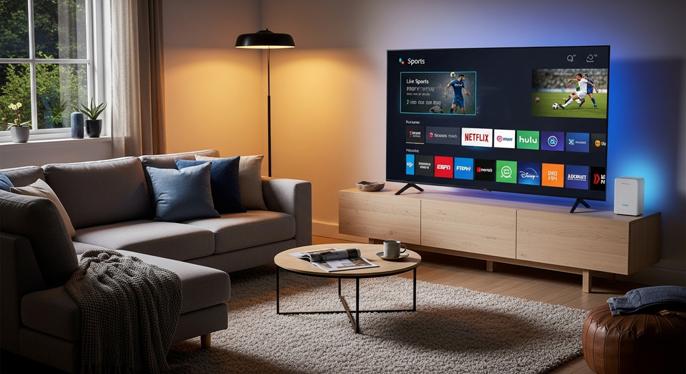 Smart TV na sala exibe apps de streaming e esportes.
