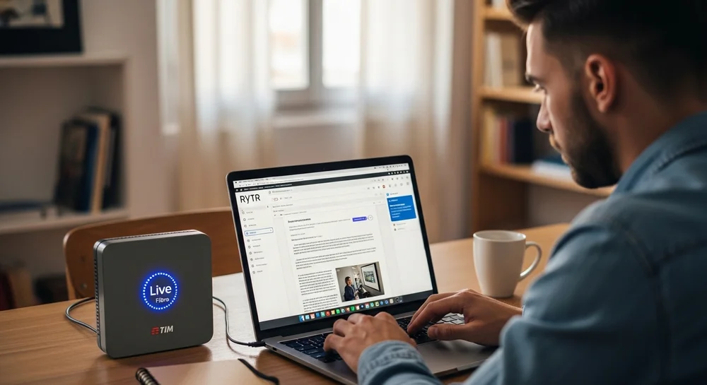 Homem usando notebook ao lado de modem TIM Live Fibra.