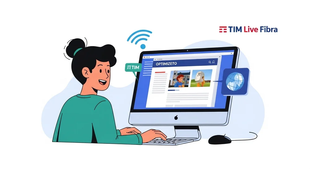 Mulher usando computador com internet TIM Live Fibra.