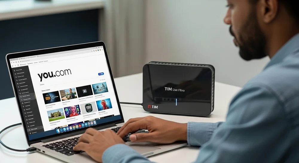 Homem usa notebook ao lado de modem TIM Live Fibra.