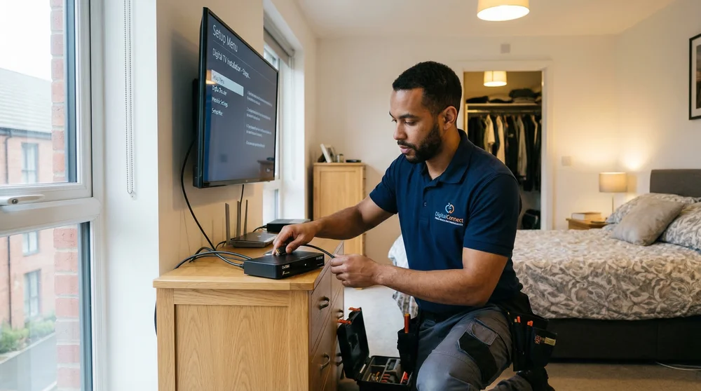 Técnico instala receptor de TV digital em quarto.