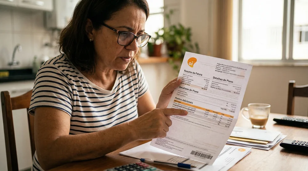 Mulher com óculos analisa detalhamento de fatura da Oi.