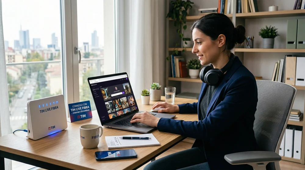 Mulher sorridente usando notebook ao lado de modem TIM Live Fibra.