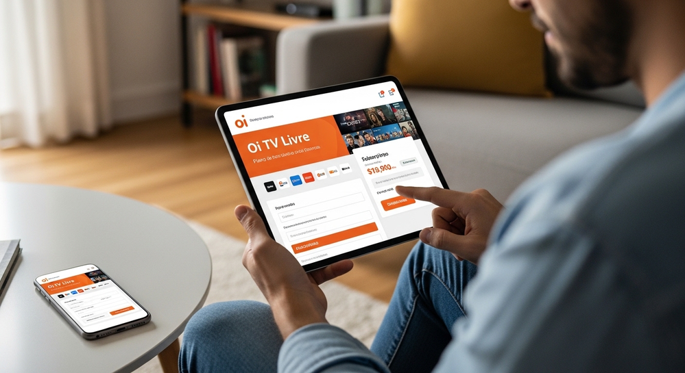 Tablet e celular exibindo planos do serviço Oi TV Livre.