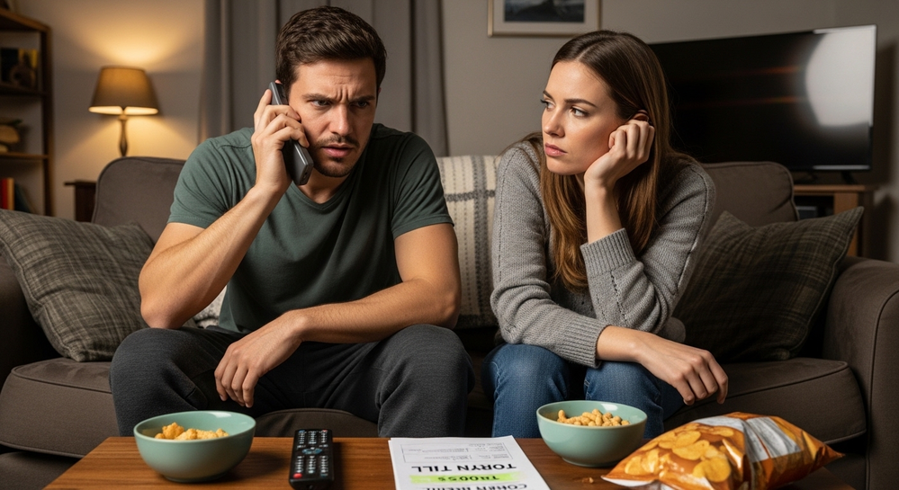 Casal no sofá com lanches e homem falando ao telefone.