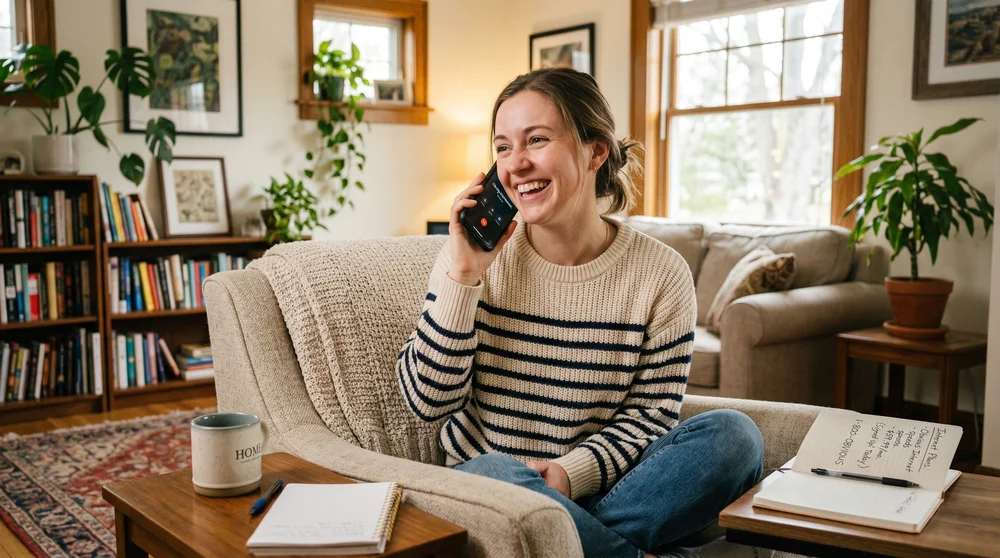 Mulher sorridente no sofá falando ao celular com cadernos.