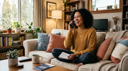 Mulher negra sorridente no sofá falando ao celular.