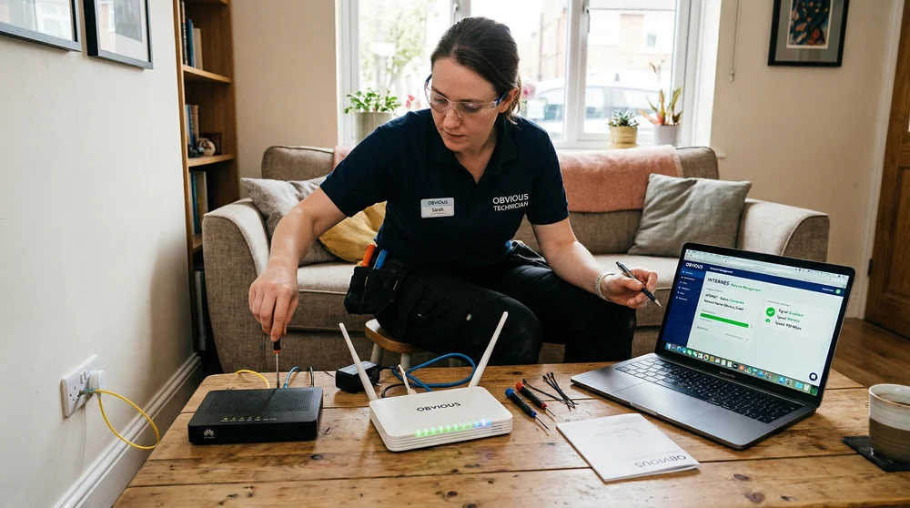 Técnica instalando roteadores com suporte de notebook na mesa.