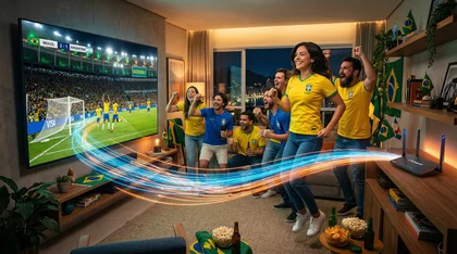 Torcida vibrando com gol do Brasil na TV via Wi-Fi.