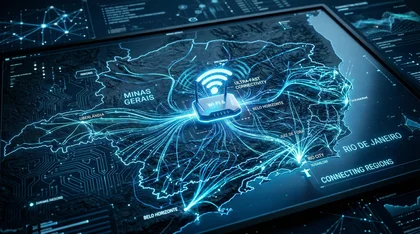 Mapa digital 3D de Minas Gerais e Rio de Janeiro com roteador Wi-Fi 6 central enviando conexões de ultravelocidade.