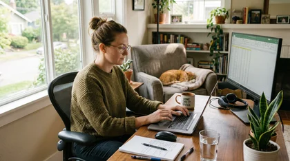 Mulher em home office com notebook e gato ao fundo.