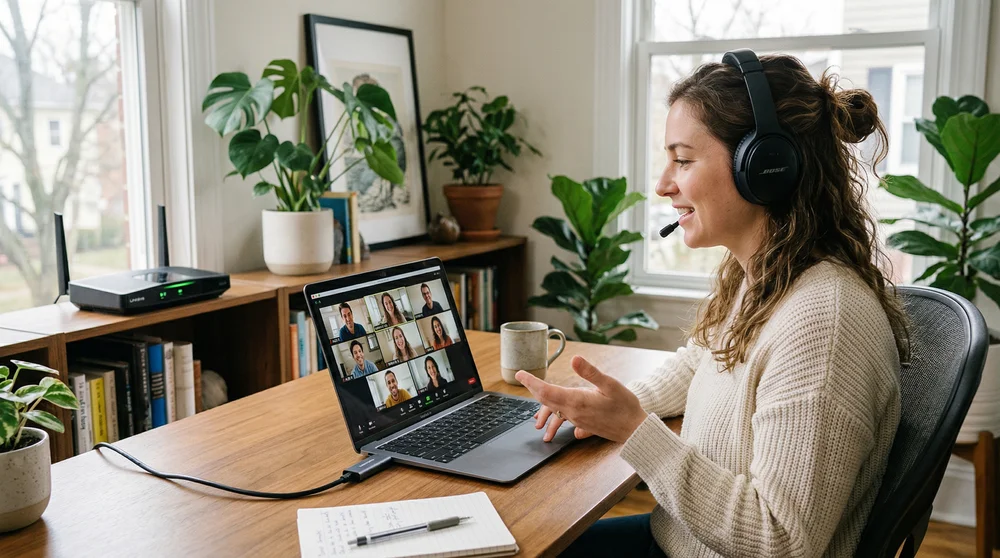 Mulher usando headset em videochamada de trabalho no notebook.